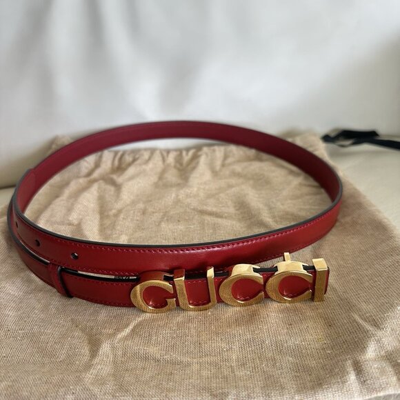 NEW GUCCI Plutone Calfskin Gucci Buckle 20mm Thin Belt 80 32 Rosso - Picture 6 of 9